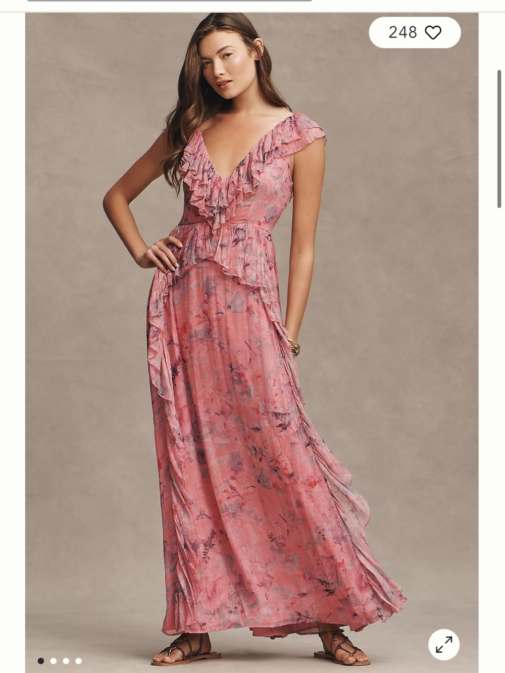 BHLDN LYLA PRINTED V-NECK RUFFLE GOWN Pink Floral Sparkle Dress XS Anthropologie